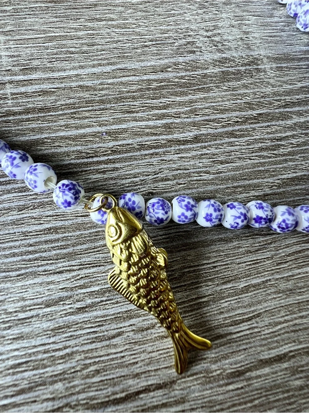 Handmade blue ceramic Beaded choker with Gold Fish Pendant - Picture 4 of 4